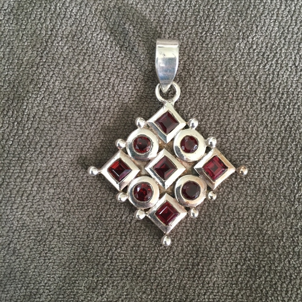 Vintage Garnet and Sterling Silver Necklace Pendant 2”